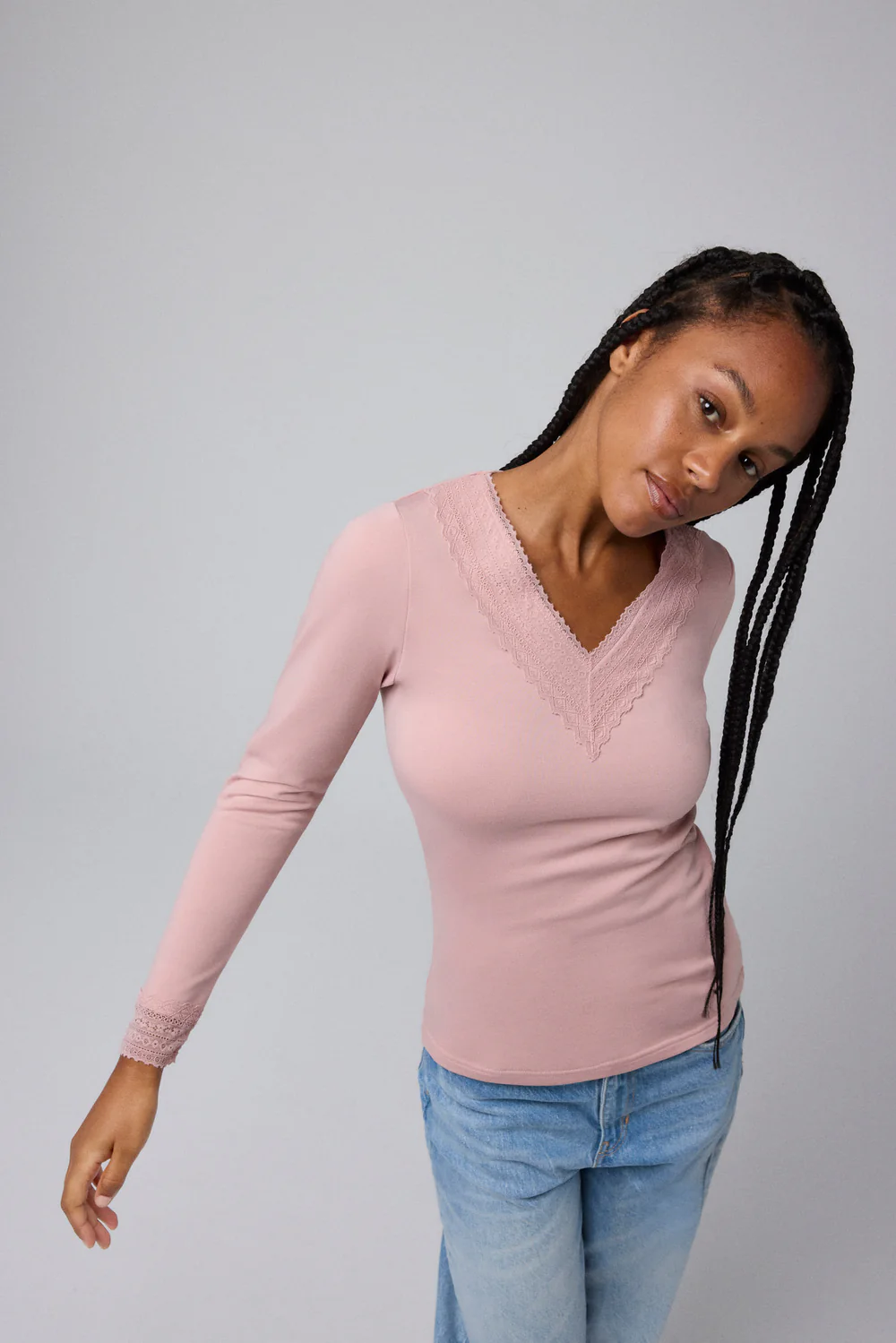 Camisola térmica de renda com decote em V de manga comprida - Image 2