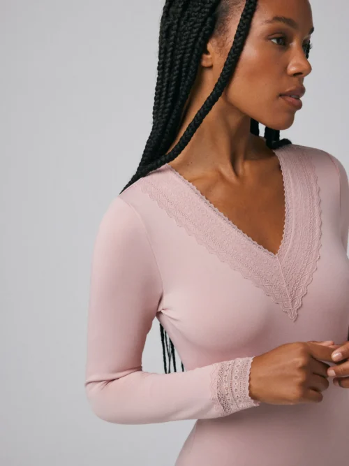 Camisola térmica de renda com decote em V de manga comprida