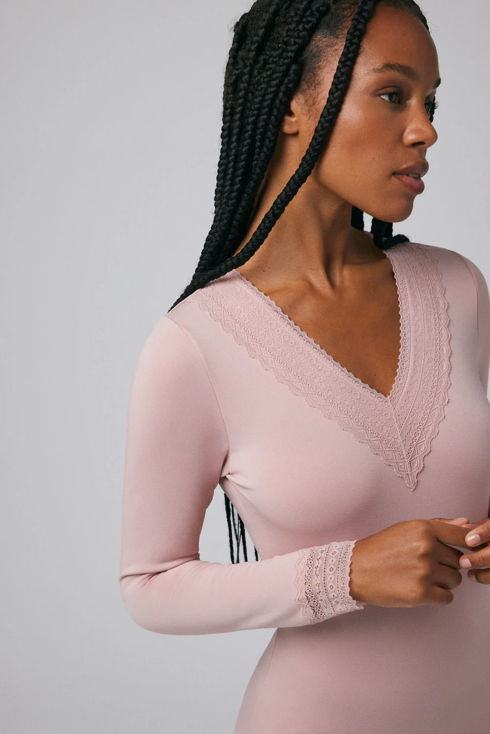 Camisola térmica de renda com decote em V de manga comprida